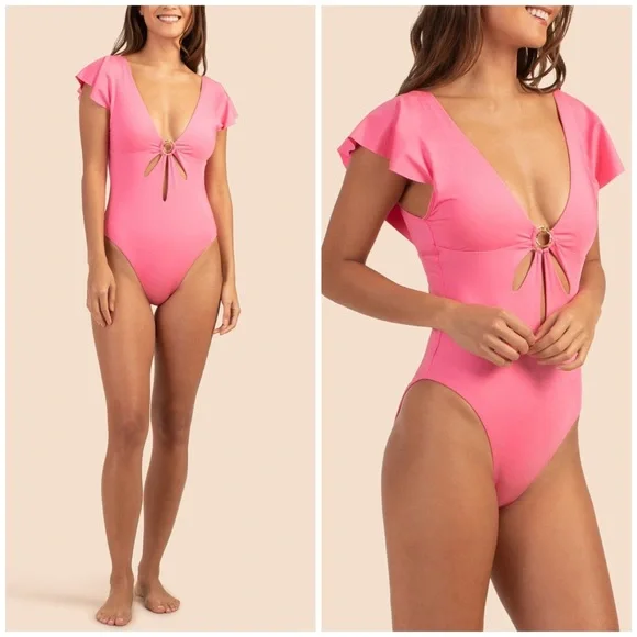 Trina Turk Pink Flutter Sleeve V-Neck One Piece Swimsuit Geranium Size 14 XL